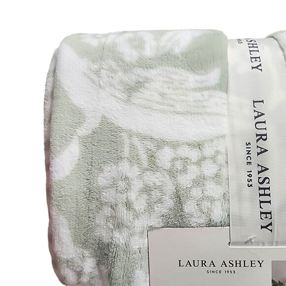 Laura‎ Ashley King Plush Blanket Reversible Floral Stripe Sage Ivory Shabby Chic - Picture 14 of 16